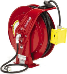 Reelcraft - 12 AWG, 100' Cable Length, Cord & Cable Reel with Duplex GFCI Outlet Box End - 2 Outlets, NEMA 5-20R, 20 Amps, 125 Volts, SEOOW Cable, Red Reel, Spring Driven Reel - Benchmark Tooling