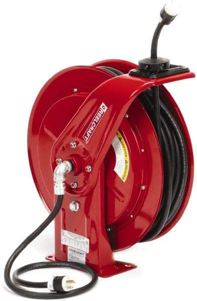 Reelcraft - 12 AWG, 100' Cable Length, Cord & Cable Reel with Outlet End - 1 Outlet, NEMA 5-20R, 20 Amps, 125 Volts, SEOOW Cable, Red Reel, Spring Driven Reel - Benchmark Tooling