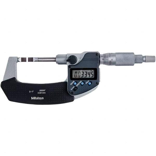 Mitutoyo - 0 to 1" Range, 0.00005" Resolution, Blade Throat IP54 Electronic Outside Micrometer - 0.00015" Accuracy, Ratchet Stop Thimble, Carbide-Tipped Face, SR44 Battery - Benchmark Tooling