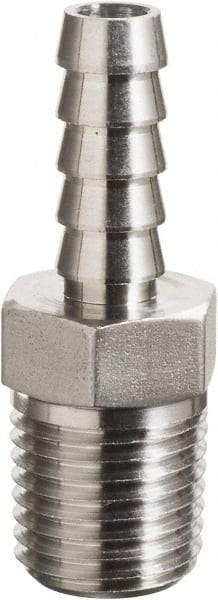 Made in USA - 3/4 x 1" Grade 316 Stainless Steel Pipe Hose Connector - Hose Barb x MNPT End Connections, 3,000 psi - Benchmark Tooling