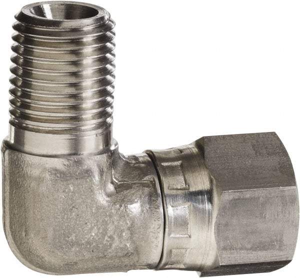 Made in USA - 1/4" Grade 316 Stainless Steel Pipe 90° Elbow - MNPT x NPSM Swivel End Connections, 5,000 psi - Benchmark Tooling