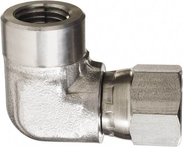Made in USA - 1/4" Grade 316 Stainless Steel Pipe 90° Elbow - FNPT x NPSM Swivel End Connections, 5,000 psi - Benchmark Tooling