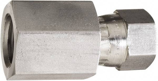 Made in USA - 5/8" Tube OD, 37° Stainless Steel Flared Tube Swivel Connector - 7/8-14 NPT, Female Flare x FNPT Ends - Benchmark Tooling