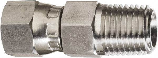Made in USA - 5/8" Tube OD, 37° Stainless Steel Flared Tube Swivel Connector - 7/8-14 NPT, Female Flare x MNPT Ends - Benchmark Tooling