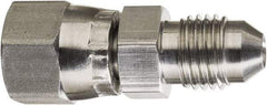 Made in USA - 5/8" Tube OD, 37° Stainless Steel Flared Tube Swivel Connector - 7/8-14 Female Flare x Male Flare Ends - Benchmark Tooling