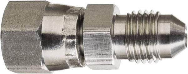 Made in USA - 1/4" Tube OD, 37° Stainless Steel Flared Tube Swivel Connector - 7/16-20 Female Flare x Male Flare Ends - Benchmark Tooling