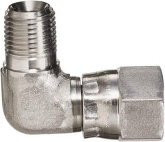 Made in USA - 5/8" Tube OD, 37° Stainless Steel Flared Tube Male Elbow - 7/8-14 NPT, Female Flare x MNPT Ends - Benchmark Tooling