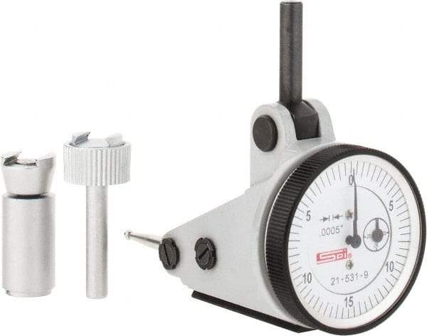 SPI - 0.06" Range, 0.0005" Dial Graduation, Vertical Dial Test Indicator - 1-3/16" White Dial, 0-15-0 Dial Reading, Accurate to 0.0012" - Benchmark Tooling