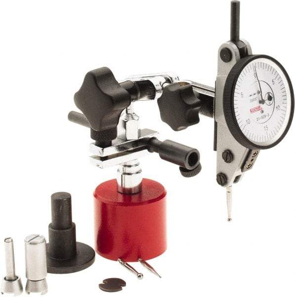 SPI - 9 Piece, 0" to 0.06" Measuring Range, 1-1/2" Dial Diam, 0-15-0 Dial Reading, White Dial Test Indicator Kit - 0.0012" Accuracy, 0.86" Contact Point Length, 0.079" Ball Diam, 0.0005" Dial Graduation - Benchmark Tooling