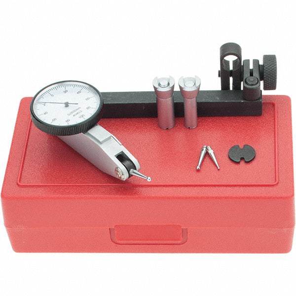 SPI - 8 Piece, 0mm to 0.2mm Measuring Range, 32mm Dial Diam, 0-100-0 Dial Reading, White Dial Test Indicator Kit - 0.04mm Accuracy, 16.2mm Contact Point Length, 2mm Ball Diam, 0.002mm Dial Graduation - Benchmark Tooling