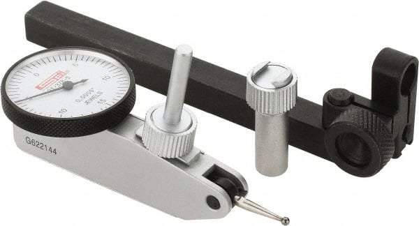 SPI - 8 Piece, 0" to 0.03" Measuring Range, 1-1/4" Dial Diam, 0-15-0 Dial Reading, White Dial Test Indicator Kit - 0.0005" Accuracy, 0.64" Contact Point Length, 0.079" Ball Diam, 0.0005" Dial Graduation - Benchmark Tooling