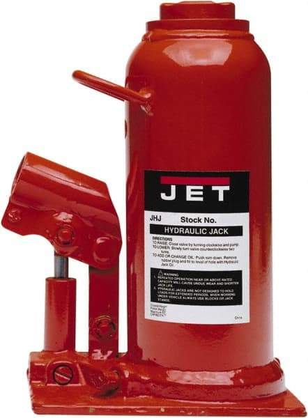Jet - 8 Ton Capacity Hydraulic Bottle Jack - 7.88" to 15-1/2" High, 2-3/4" Screw Length, 6" Long x 3-1/2" Wide Base - Benchmark Tooling