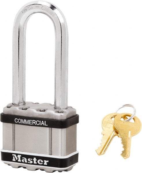 Master Lock - 2-1/2" Shackle Clearance, Keyed Alike Padlock - 3/8" Shackle Diam, Laminated Steel - Benchmark Tooling