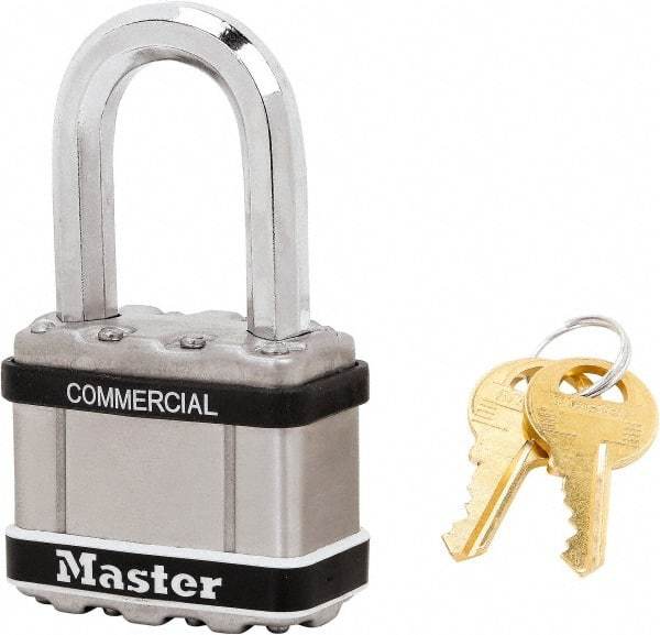 Master Lock - 1-1/2" Shackle Clearance, Keyed Alike Padlock - 3/8" Shackle Diam, Laminated Steel - Benchmark Tooling