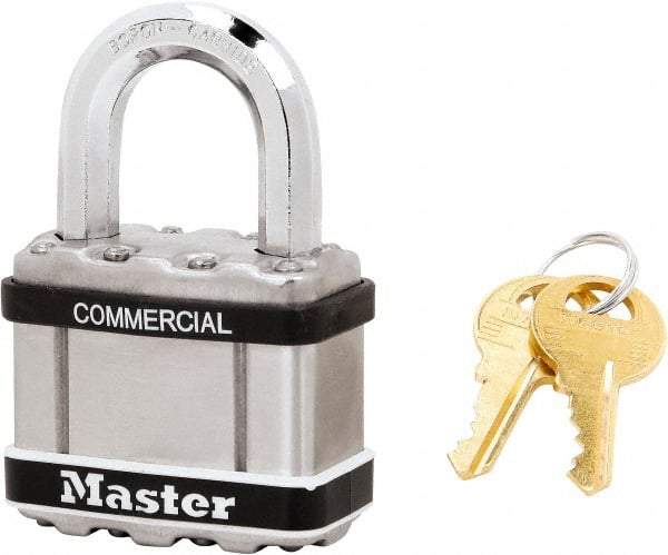 Master Lock - 1" Shackle Clearance, Keyed Alike Padlock - 3/8" Shackle Diam, Laminated Steel - Benchmark Tooling