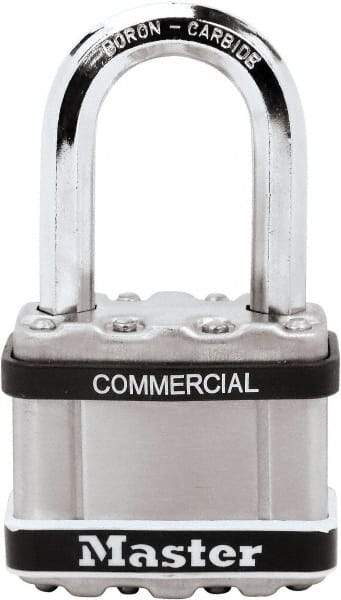 Master Lock - 2-1/2" Shackle Clearance, Keyed Different Padlock - 3/8" Shackle Diam, Laminated Steel - Benchmark Tooling