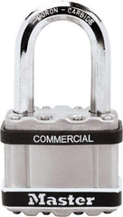 Master Lock - 1-1/2" Shackle Clearance, Keyed Different Padlock - 3/8" Shackle Diam, Laminated Steel - Benchmark Tooling