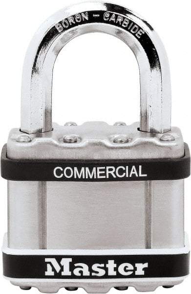 Master Lock - 1" Shackle Clearance, Keyed Different Padlock - 3/8" Shackle Diam, Laminated Steel - Benchmark Tooling