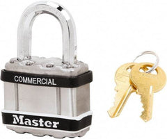 Master Lock - 1" Shackle Clearance, Keyed Alike Padlock - 5/16" Shackle Diam, Laminated Steel - Benchmark Tooling