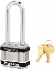 Master Lock - 2-1/2" Shackle Clearance, Keyed Different Padlock - 5/16" Shackle Diam, Laminated Steel - Benchmark Tooling