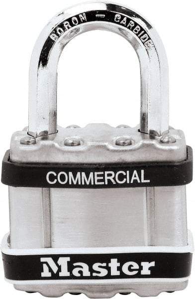 Master Lock - 1" Shackle Clearance, Keyed Different Padlock - 5/16" Shackle Diam, Laminated Steel - Benchmark Tooling