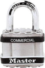 Master Lock - 1" Shackle Clearance, Keyed Different Padlock - 5/16" Shackle Diam, Laminated Steel - Benchmark Tooling