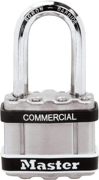 Master Lock - 1.51" Shackle Clearance, Keyed Different Padlock - 5/16" Shackle Diam, Laminated Steel - Benchmark Tooling