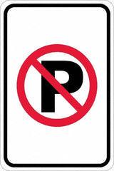 NMC - "No Parking Anytime", "Strike on P", 12" Wide x 18" High, Aluminum No Parking & Tow Away Signs - 0.08" Thick, Red & Black on White, Engineer Grade Reflectivity, Rectangle, Post Mount - Benchmark Tooling