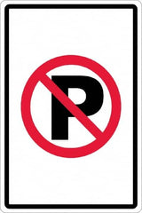 NMC - "No Parking Anytime", "Strike on P", 12" Wide x 18" High, Aluminum No Parking & Tow Away Signs - 0.063" Thick, Red & Black on White, Rectangle, Post Mount - Benchmark Tooling