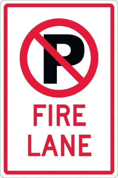 NMC - "Fire Lane", "Strike on P", 12" Wide x 18" High, Aluminum No Parking & Tow Away Signs - 0.08" Thick, Red & Black on White, High Intensity Reflectivity, Rectangle, Post Mount - Benchmark Tooling