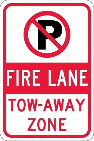 NMC - "Fire Lane Tow-Away Zone", "Strike on P", 12" Wide x 18" High, Aluminum No Parking & Tow Away Signs - 0.08" Thick, Red & Black on White, Engineer Grade Reflectivity, Rectangle, Post Mount - Benchmark Tooling