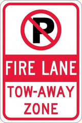 NMC - "Fire Lane Tow-Away Zone", "Strike on P", 12" Wide x 18" High, Aluminum No Parking & Tow Away Signs - 0.08" Thick, Red & Black on White, Engineer Grade Reflectivity, Rectangle, Post Mount - Benchmark Tooling