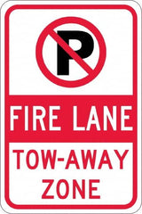 NMC - "Fire Lane Tow-Away Zone", "Strike on P", 12" Wide x 18" High, Aluminum No Parking & Tow Away Signs - 0.08" Thick, Red & Black on White, High Intensity Reflectivity, Rectangle, Post Mount - Benchmark Tooling