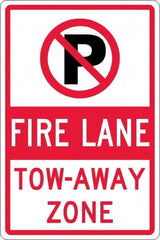 NMC - "Fire Lane Tow-Away Zone", "Strike on P", 12" Wide x 18" High, Aluminum No Parking & Tow Away Signs - 0.063" Thick, Red & Black on White, Rectangle, Post Mount - Benchmark Tooling