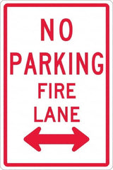 NMC - "No Parking - Fire Lane", "Double Arrow", 12" Wide x 18" High, Aluminum No Parking & Tow Away Signs - 0.08" Thick, Red on White, High Intensity Reflectivity, Rectangle, Post Mount - Benchmark Tooling