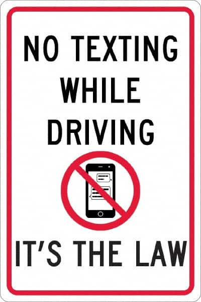 NMC - "No Texting While Driving It's The Law", "Strike on Cell Phone", 12" Wide x 18" High, Aluminum Warning & Safety Reminder Signs - 0.063" Thick, Red & Black on White, Rectangle, Post Mount - Benchmark Tooling