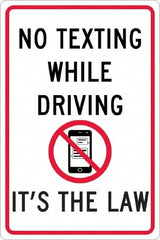 NMC - "No Texting While Driving It's The Law", "Strike on Cell Phone", 12" Wide x 18" High, Aluminum Warning & Safety Reminder Signs - 0.063" Thick, Red & Black on White, Rectangle, Post Mount - Benchmark Tooling