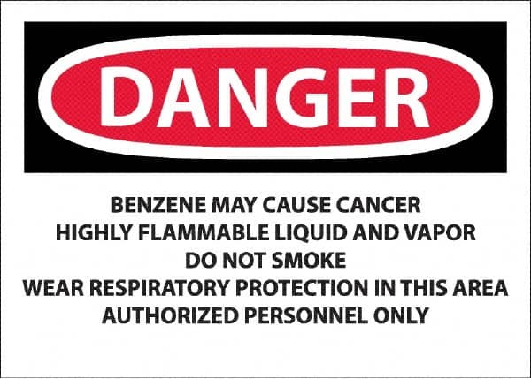 NMC - "Danger - Benzene May Cause Cancer", 10" Long x 14" Wide, Pressure-Sensitive Vinyl Safety Sign - Rectangle, 0.0045" Thick, Use for Hazardous Materials - Benchmark Tooling