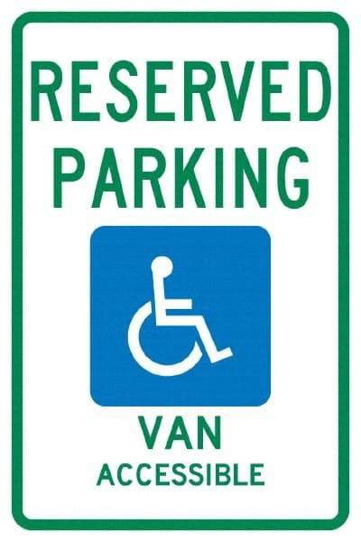 NMC - "Reserved Parking Van Accessible", "Handicap Symbol", 12" Wide x 18" High, Aluminum ADA Signs - 0.04" Thick, Green & Blue on White, Rectangle, Post Mount - Benchmark Tooling