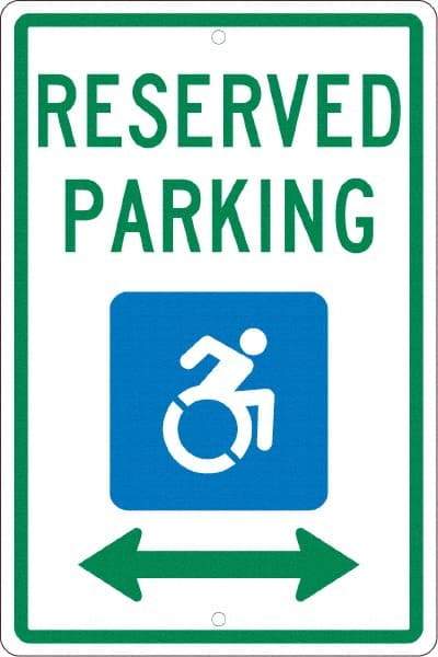 NMC - "Reserved Parking", "Handicap Symbol", 12" Wide x 18" High, Aluminum ADA Signs - 0.063" Thick, Green & Blue on White, Rectangle, Post Mount - Benchmark Tooling