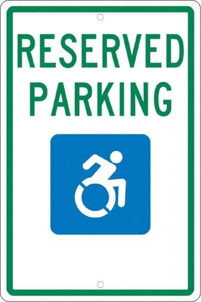 NMC - "Reserved Parking", "Handicap Symbol", 12" Wide x 18" High, Aluminum ADA Signs - 0.063" Thick, Green & Blue on White, Rectangle, Post Mount - Benchmark Tooling