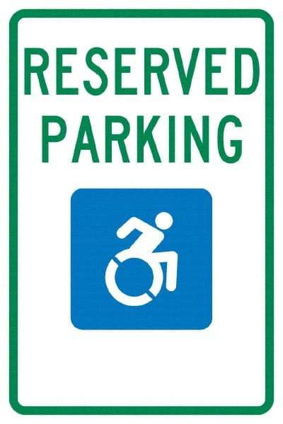 NMC - "Reserved Parking", "Handicap Symbol", 12" Wide x 18" High, Aluminum ADA Signs - 0.04" Thick, Green & Blue on White, Rectangle, Post Mount - Benchmark Tooling