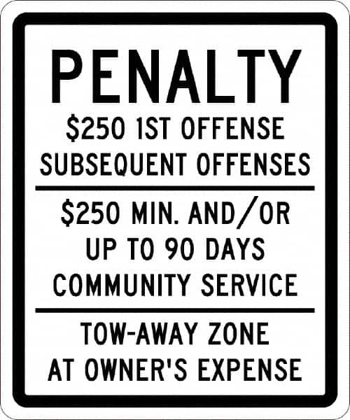 NMC - "Penalty $250 1St Offense Subsequent Offenses $250 Min. And/Or Up To 90 Days Community Service Tow-Away Zone At Owner's Expense", "Handicap Symbol", 10" Wide x 12" High, Aluminum ADA Signs - 0.04" Thick, Green & Blue on White, Rectangle, Post Mount - Benchmark Tooling