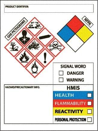 NMC - Hazardous Materials Label, Header: WARNING - Legend: GHS - Graphic, English, White, Red, Blue, Yellow & Black, 3" Long x 4" High, No Coating - Benchmark Tooling