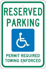 NMC - "Reserved Parking Permit Required Towing Enforced", "Handicap Symbol", 12" Wide x 18" High, Aluminum Reserved Parking Signs - 0.08" Thick, Green & Blue on White, Engineer Grade Reflectivity, Rectangle, Post Mount - Benchmark Tooling