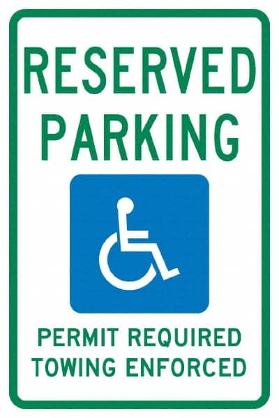 NMC - "Reserved Parking Permit Required Towing Enforced", "Handicap Symbol", 12" Wide x 18" High, Aluminum Reserved Parking Signs - 0.04" Thick, Green & Blue on White, Rectangle, Post Mount - Benchmark Tooling