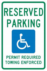 NMC - "Reserved Parking Permit Required Towing Enforced", "Handicap Symbol", 12" Wide x 18" High, Aluminum Reserved Parking Signs - 0.04" Thick, Green & Blue on White, Rectangle, Post Mount - Benchmark Tooling