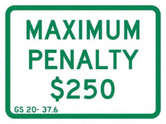 NMC - "Maximum Penalty $250", 12" Wide x 9" High, Aluminum No Parking & Tow Away Signs - 0.04" Thick, Green on White, Rectangle, Post Mount - Benchmark Tooling