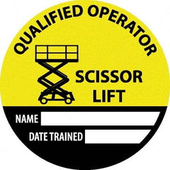 NMC - Safety Trained Scissor Lift - Name ____ Date Trained ____, Hard Hat Label - Round, Yellow, Black, White, 0.004" Thick, Indoor or Outdoor, Adhesive Backed, For Accident Prevention - Benchmark Tooling