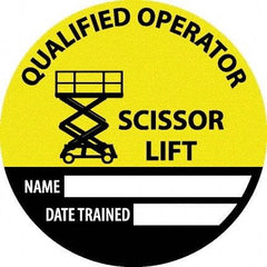 NMC - Safety Trained Scissor Lift - Name ____ Date Trained ____, Hard Hat Label - Round, Yellow, Black, White, 0.004" Thick, Indoor or Outdoor, Adhesive Backed, For Accident Prevention - Benchmark Tooling